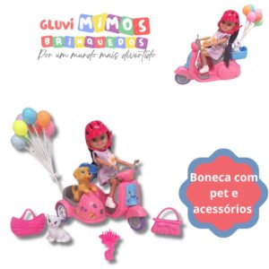 Boneca com pet e acessórios - moto
