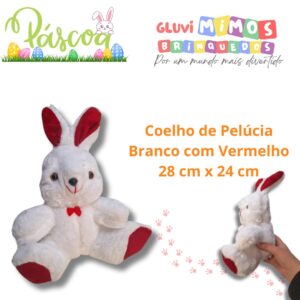 Coelho de Pelúcia Branco com Vermelho 28 cm x 24 cm