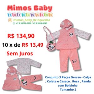 Conjunto 3 Peças Grosso - Calça , Colete e Casaco , Rosa , Panda com Bolsinha  Tamanho 2