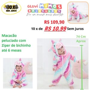 Macacão Peluciado  com Ziper de Bichinho  até 6 meses