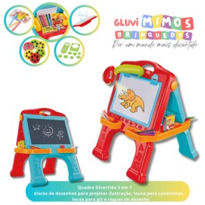 Quadro Divertido 3 em 1  discos de desenhos para projetar ilustração, lousa para canetinhas,   lousa para giz e réguas de desenho