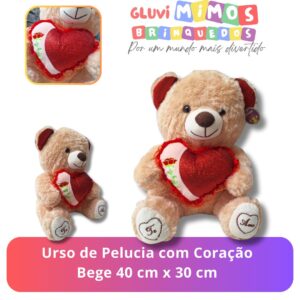 Urso de Pelucia com Coração Bege 40 cm x 30 cm