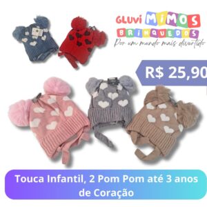 Touca Infantil, 2 Pom Pom até 3 anos de Coração