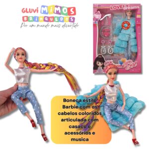 Boneca estilo Barbie com os cabelos coloridos articulada com casaco e acessórios e musica