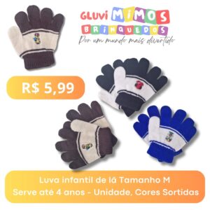 Luva infantil de lã Tamanho M  Serve até 4 anos - Unidade, Cores Sortidas