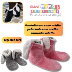 Pantufa com cano médio peluciada com orelha tamanho adulto