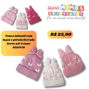 Touca infantil com laços e pérola forrada Serve até 3 anos  H22478