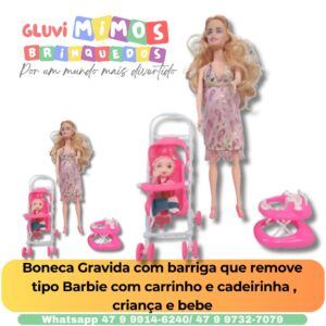 Boneca Gravida com barriga que remove  tipo Barbie com carrinho e cadeirinha , criança e bebe