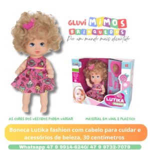 Boneca Lutika fashion com cabelo para cuidar e acessórios de beleza, 30 centímetros