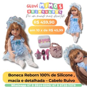 Boneca Reborn 100% de Silicone , macia e detalhada – Cabelo Ruivo