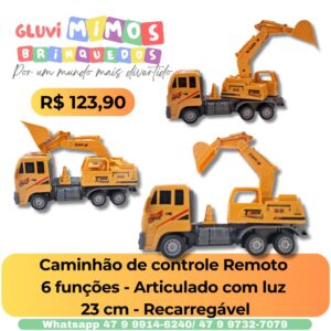 Caminhão de controle Remoto  6 funções - Articulado com luz  23 cm - Recarregável