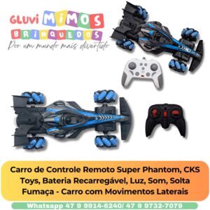 Carro de Controle Remoto Super Phantom, CKS Toys, Bateria Recarregável, Luz, Som, Solta Fumaça - Carro com Movimentos Laterais