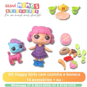 Kit Happy Girls com cozinha e boneca  14 acessórios + ou -