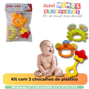 Kit com 3 chocalhos de plástico