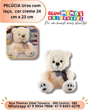 PELÚCIA Urso com laço,  cor creme 24 cm x 23 cm