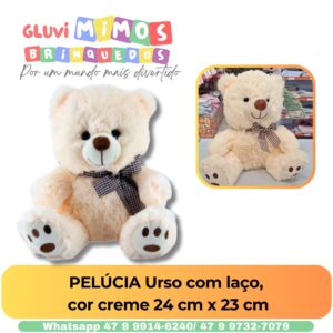 PELÚCIA Urso com laço,  cor creme 24 cm x 23 cm