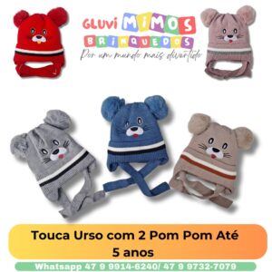 Touca Urso com 2 Pom Pom Até 5 anos