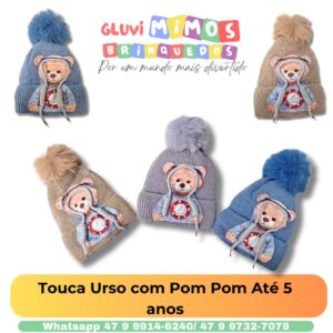 Touca Urso com Pom Pom Até 5 anos
