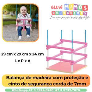 Balança de madeira com proteção e cinto de segurança corda de 7mm Peso até 35 kg