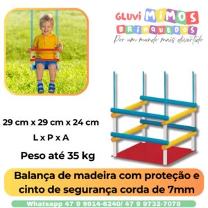Balança de madeira com proteção e cinto de segurança corda de 7mm  Peso até 35 kg