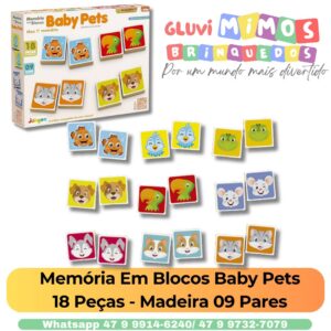 Memória Em Blocos Baby Pets 18 Peças - Madeira 09 Pares