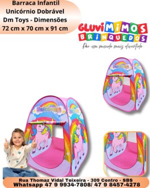 Barraca Infantil Unicórnio Dobrável   Dm Toys - Dimensões 72 cm x 70 cm x 91 cm