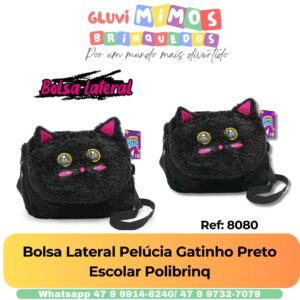Bolsa Lateral Pelúcia Gatinho Preto Escolar Polibrinq