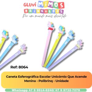 Caneta Esferográfica Escolar Unicórnio Que Acende Menina - Polibrinq - Unidade