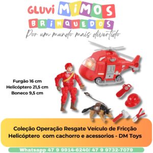 Coleção Operação Resgate Veículo de Fricção  Helicóptero  com cachorro e acessorios - DM Toys