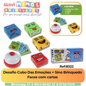 Desafio Cubo Das Emoções + Sino Brinquedo Faces com cartas