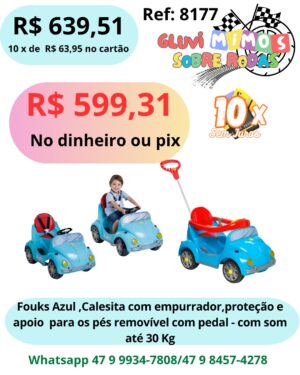 Fouks Azul, Calecita  com empurrador, proteção e apoio para os pés removível com pedal - Fusca