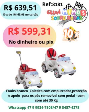 Fouks branco Fusca, Calecita  com empurrador, proteção e apoio para os pés removível com pedal -  com som