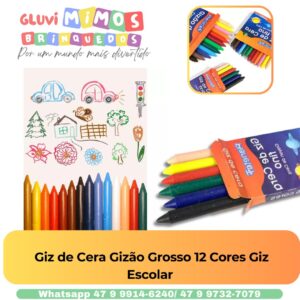 Giz de Cera Gizão Grosso 12 Cores Giz Escolar