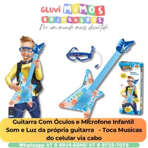 Guitarra Com Óculos Microfone Infantil  Som e Luz Rock Azul