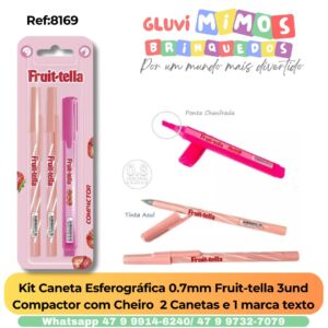 Kit Caneta Esferográfica 0.7mm Fruit-tella 3und Compactor com Cheiro  2 Canetas e 1 marca texto