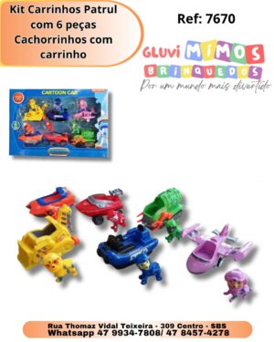 Kit Carrinhos Patrul com 6 peças Cachorrinhos com carrinho