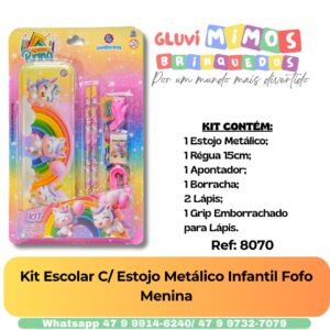 Kit Escolar C/ Estojo Metálico Infantil Fofo Menina