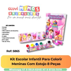 Kit Escolar Infantil Para Colorir Meninas Com Estojo 8 Peças