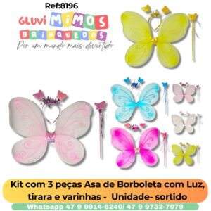 Kit com 3 peças Asa de Borboleta com Luz, tirara e varinhas -  Unidade- sortido