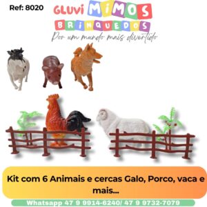 Kit com 6 Animais e cercas Galo, Porco, vaca e mais...