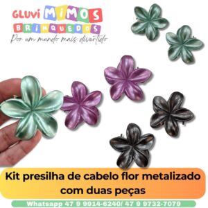 Kit presilha de cabelo flor metalizado com duas peças