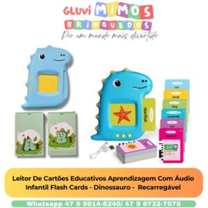 Leitor De Cartões Educativos Aprendizagem Com Áudio  Infantil Flash Cards - Dinossauro -  Recarregável