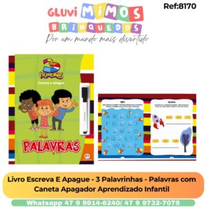 Livro Escreva E Apague - 3 Palavrinhas - Palavras com Caneta Apagador Aprendizado Infantil
