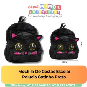 Mochila De Costas Escolar Pelúcia Gatinho Preto