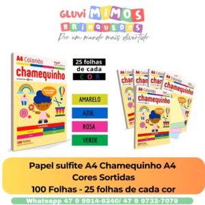 Papel sulfite A4 Chamequinho A4  Cores Sortidas 100 Folhas - 25 folhas de cada cor