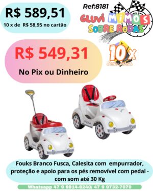 Fouks branco Fusca, Calecita  com empurrador, proteção e apoio para os pés removível com pedal -  com som