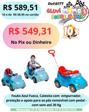 Fouks Azul, Calecita  com empurrador, proteção e apoio para os pés removível com pedal - Fusca