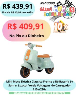 Mini Moto Elétrica Classica Frente E Ré Bateria 6v Som E Luz Cor Verde  Voltagem Do Carregador 110v/220v