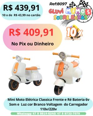Mini Moto Elétrica Classica Frente E Ré Bateria 6v Som E Luz Cor Branco Voltagem Do Carregador 110v/220v
