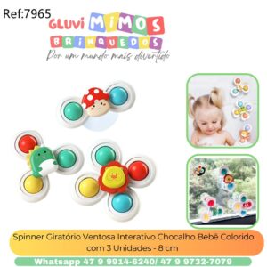 Spinner Giratório Ventosa Interativo Chocalho Bebê Colorido com 3 Unidades - 8 cm
